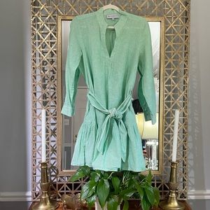 Tuckernuck Women's Green Linen Surrey Shift Dress Belted Long Sleeve Mini Size M